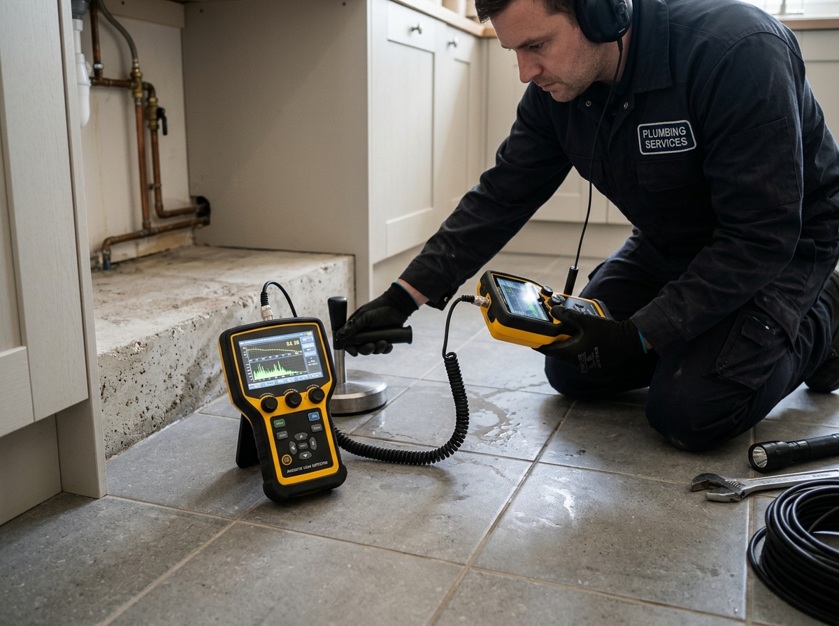 Acoustic electronic leak detection equipment testing concrete slab in Gilroy